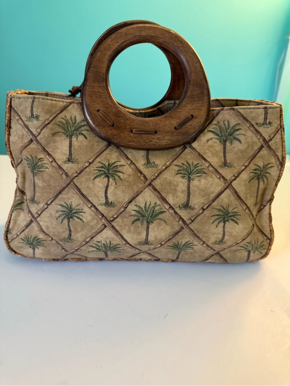 Vintage Fossil Tropical Palm-tree Print Canvass & Straw Bag w Wood Handles - Picture 2 of 15